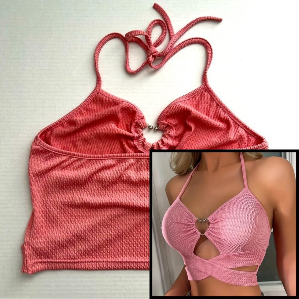 Pink halter crop top with silver heart embellishment NWT